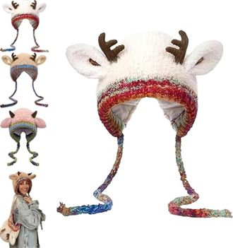 Generic Creative Antler Hat & Bag 2-in-1, Festive Reindeer Knitted Christmas Beanie, Warm Foldable Hat Handbag for Women (Beige)