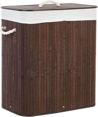 Beliani Cesta De Madera De Bamb&uacute; Oscura 60 Cm 2 Compartimentos Tapa Asas De Cuerda Kandy