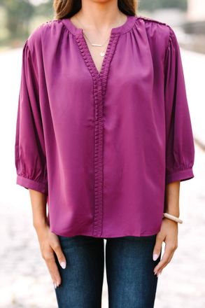 Entro Ruffle V-Neck Blouse With Braided Hem In Plum