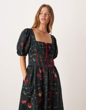 Hope & Ivy Vestito verde a fiori con maniche a sbuffo, dettaglio stile corsetto e gonna al polpaccio