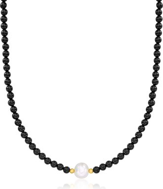Ross-Simons 8.5-9mm Cultured Pearl and 4-4.5mm Onyx Bead Necklace With 18kt Gold Over Sterling