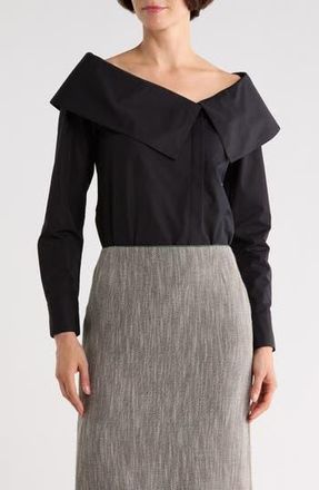 Lafayette 148 New York Portrait Collar Long Sleeve Button-Up Shirt in Black at Nordstrom Rack, Size 0