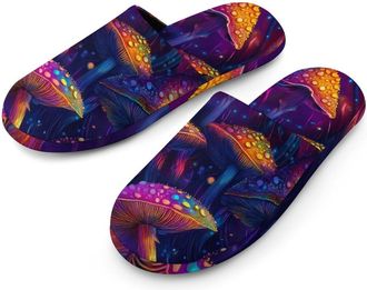Generic Psychedelic-mushrooms Colorful Flannel Mens Slip-on Slippers Winter Warm House Shoes with Rubber Sole for Home Hotel