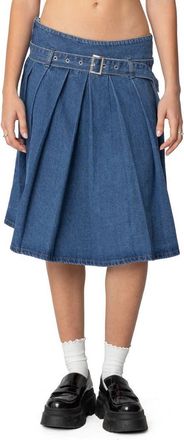 Edikted Belted Pleated Denim Midi Skirt in Blue at Nordstrom, Size X-Small