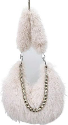 Generic Womens Plush Bags Faux Fur Womens Beaded Chain Underarm Bag Solid Color Plush Female Half Moon Shoulder Bags Winter Fluffy Hobos Handbags(Apricot)