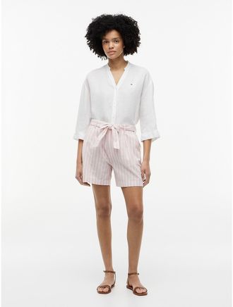 Tommy Hilfiger Womens Belted Striped Linen-Blend Short - Pink - XXL