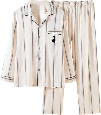 Generic Mens Flannel Fleece Striped Long Sleeve Notch Collar Pajama Set For Ultimate Home Relaxation And Cozy Nighttime Sleep (Beige, M)