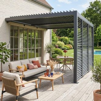 Sweeek P&eacute;rgola bioclim&aacute;tica de aluminio adosada 4x3m + 3 persianas 130cm