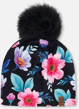 Deux par Deux Stretch Jersey Hat Printed Flowers with Pompom in Black Floral Print at Nordstrom, Size 12-24 M