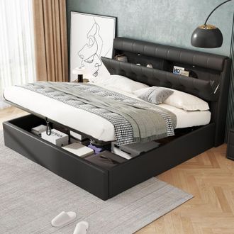 C&A Black Upholstered Double Bed(135x190cm)with Hydraulic Storage&Headboard,Slats Included,No Mattress