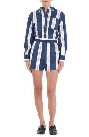English Factory Stripe Long Sleeve Cotton Romper in Navy/White at Nordstrom, Size Small