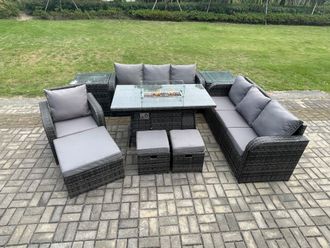 Fimous Wicker Rattan Garden Furniture Set Gas Fire Pit Dining Table Reclining Chair 3 Seater Sofa Set Indoor Outdoor with 2 Side Tables 3 Footstools