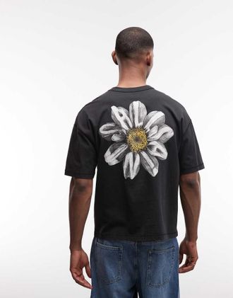 AllSaints Petals - T-shirt nero slavato a maniche corte con grafica del logo e stampa sul retro