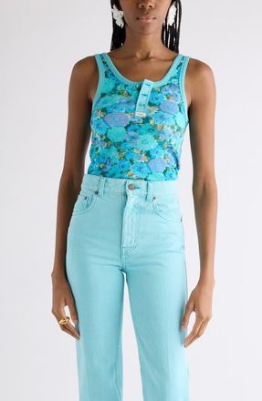Chlo&eacute; Daisy Print Rib Jersey Tank in Multicolor Blue at Nordstrom, Size X-Large