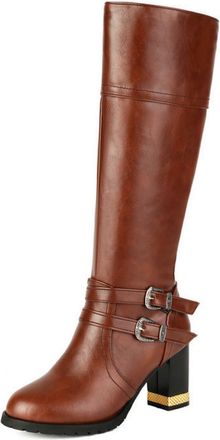 Generic Womens PU Leather Knight Boots with Side Zipper Chunky High Heel Platform Boots Round Toe Casual Long Boot with Buckle,Brown,7.5 UK