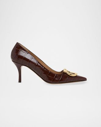 Ferragamo 70mm Lara Croc-Embossed Leather Pumps