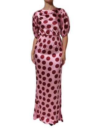 Dolce & Gabbana Pink Red Polka Dot Silk Satin Maxi Gown Womens Dress