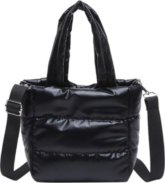 Generic Woman Puffy Lightweight Handbag Large Capacity Quilted Shoulder Bag Adjustable Strap Puffer Satchel Bag Shopping Bag (Black)
