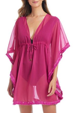 Bleu Rod Beattie Fringe Trim Sheer Cover-Up Caftan in Pink Punch at Nordstrom, Size Medium