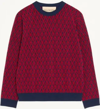 Valentino Crewneck Wool Jumper With Toute La V Jacquard Pattern Man MAROON/NAVY XXL