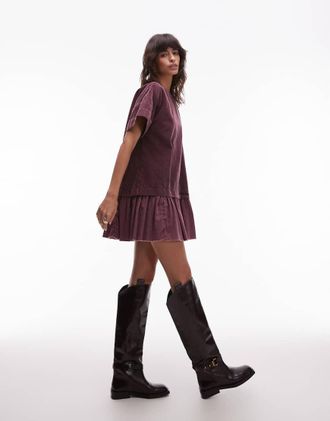 Asos Vestito T-shirt corto ibrido in tessuto a coste color ciliegia slavato-Viola