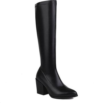 Generic Womens Minimalist Side Zipper Knee High Boots Slim Stretch Wide Calf Pull On Pointed Toe Chunky Heels Winter Dress Shoes (Black,7.5)