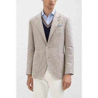 Brunello Cucinelli MenS Beige Linen Wool Striped Blazer, Size 46
