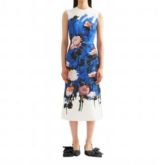 Erdem Sleeveless Pencil Midi Dress In Brush Stroke Rose Cobalt Blue