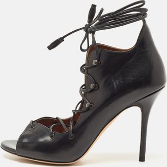 Malone Souliers Black Leather Savannah Open Toe Ankle Wrap Pumps