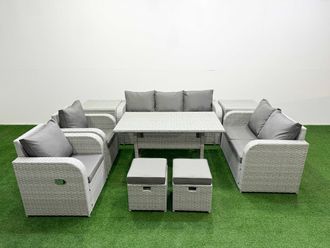 Fimous PE Rattan Garden Furniture Set Reclining Chair Sofa Double Love Seat 2 Seater Sofa Lounge Set Rectangular Dining Table 2 Stools 2 Side Table