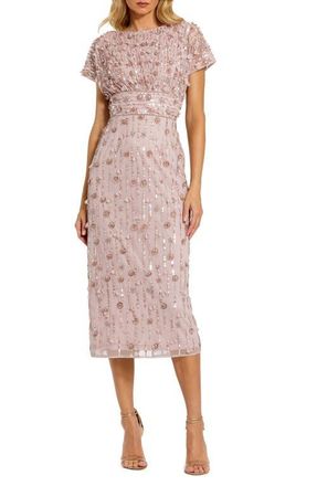 Mac Duggal Cap Sleeve Column Midi Dress With Floral Beading in Vintage Lilac at Nordstrom, Size 12