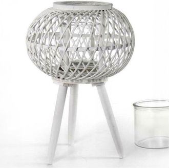 Trade Shop Trade Shop - Lanterna Portacandela Con Piedi Tonda 17x46cm In Legno Bamb&ugrave; Vetro Bianco 777929