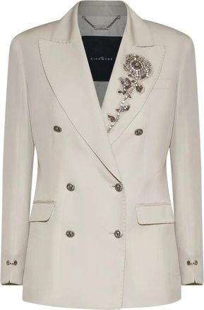 John Richmond Double-breasted blazer met bloemenjuweelversiering - Dames - Blazers - Wit - XL - Leer - Jassen