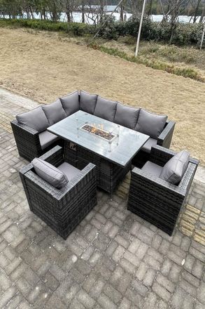 Fimous Rattan Garden Set Corner Furniture Gas Fire Pit Table Sets Heater 8 Seater in Dark Grey