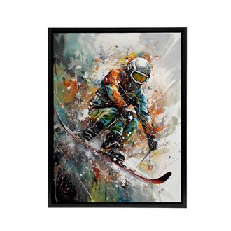Artery8 Skier Skiing Winter Sport Paint Splat Framed Canvas Wall Art Print | Size: W24 x H32