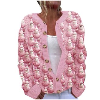 Generic Reindeer Print Long Sleeve Lightweight Sweater Comfy Chunky Outerwear Womens Cardigan Open Front Button Down V Neck Ribbed Knit with Pocket