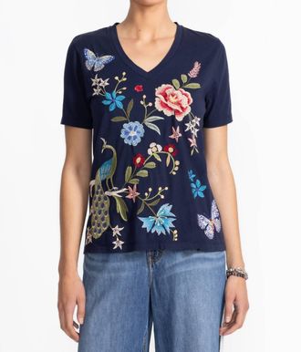 Johnny Was Nicolette V-Neck Short Sleeve Tee In Blue Night