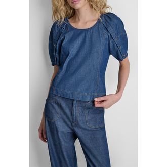 DKNY Crosby Lantern Sleeve Denim Top in Crosby Wash at Nordstrom, Size X-Small
