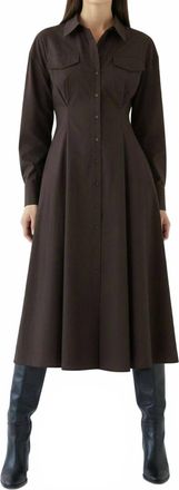 Exquise Long Sleeves Slim Fit Midi Dress With Shirt Collar In Brown