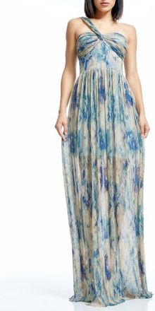 Dress The Population Idalia Metalllic Abstract Floral Print One-Shoulder Gown in Pale Blue Multi at Nordstrom, Size Xx-Small
