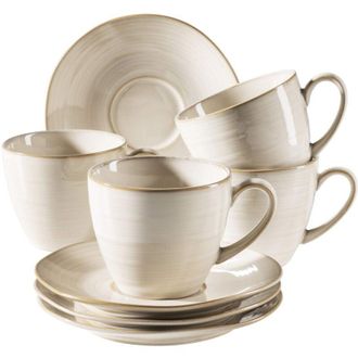 None M&Auml;SER Serie Nottingham - Set di tazze da caff&egrave; vintage per 4 persone, piattini con arrotondamenti irregolari in stile retr&ograve;, in gres, beige