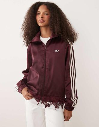 adidas Originals Firebird - Giacca sportiva in raso bordeaux con fondo in pizzo-Rosso