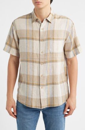 Pendleton Dawson Plaid Short Sleeve Linen Blend Button-Up Shirt in Ecru/Tan/Blue Plaid at Nordstrom, Size Xx-Large