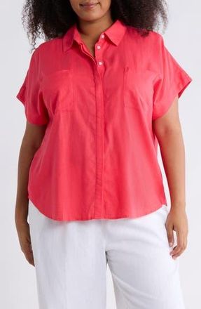 Caslon Double Pocket Linen Blend Camp Shirt in Red Geranium at Nordstrom Rack, Size 2X