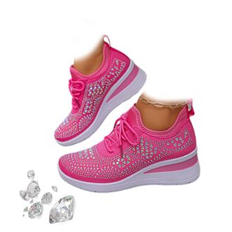 Generic Womens Glittery Rhinestone Fashion Breathable Wedge Sneakers, Sparkly Bling Wedding Dressy Tennis Shoes for Bride, Orthopedic Wedge Sneakers (Rose Red