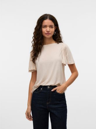 Vero Moda Kurzarmshirt VERO MODA VMPALOMA ONELLA SS BOATNECK TOP VMA NOOS, Damen, Gr. XS, beige (oatmeal), Jersey, Obermaterial: 88% Polyester, 12% Leinen, unif