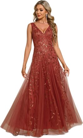 Ever-pretty Womens Evening Dresses Gorgeous A Line Sequin Embroidered Deep V-Neck Prom Dress Bridesmaid Burnt Orange 20UK