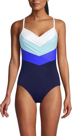 Lands End Slender Suit V-neck Pleated X-back One Piece Swimsuit Adjustable Straps in Navy/sapphire/river Mist/white at Nordstrom, Size 10