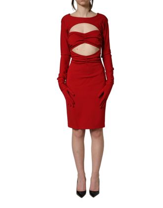 Dolce & Gabbana Womens Red Cut Out Bodycon Long Sleeves Sheath Glove Dress Viscose Nylon Elastane