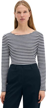 Marc O'Polo Langarmshirt MARC OPOLO, Damen, Gr. XL, blau (marine, wei&szlig;, gestreift), Jersey, Obermaterial: 100% Baumwolle, gestreift, Basic, figurbetont h&uuml;ftbedeck